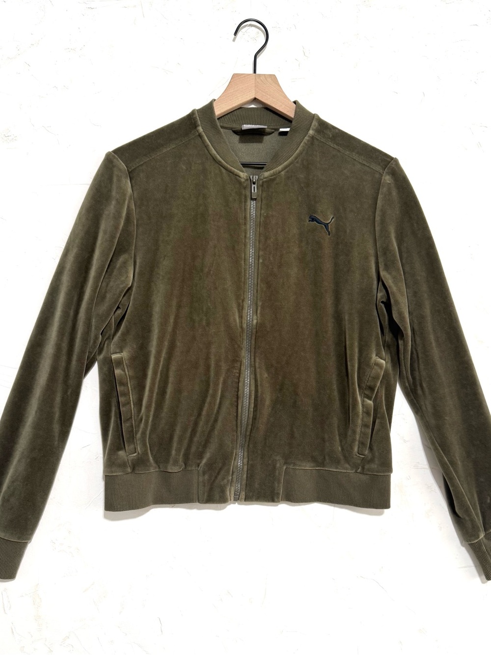 Puma Olive Green Velour Zip Up Bomber Jacket Women’s L